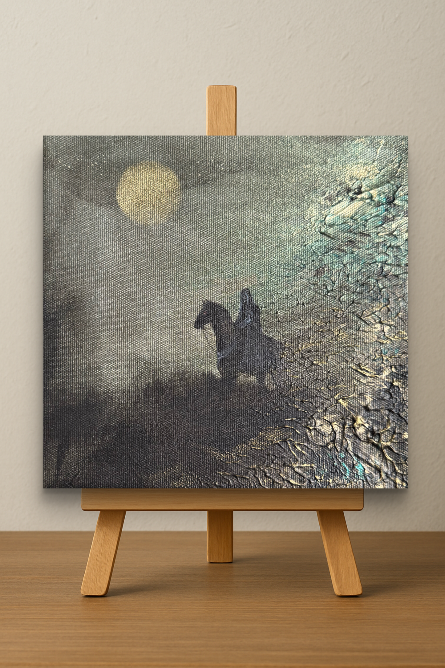 Mystisches Fantasy Gemälde 20x20 cm – Reiter bei Mondlicht – semiabstrakt, Unikat, strukturiert, Bronze Gold Schwarz Kunstwerk - handgemalt