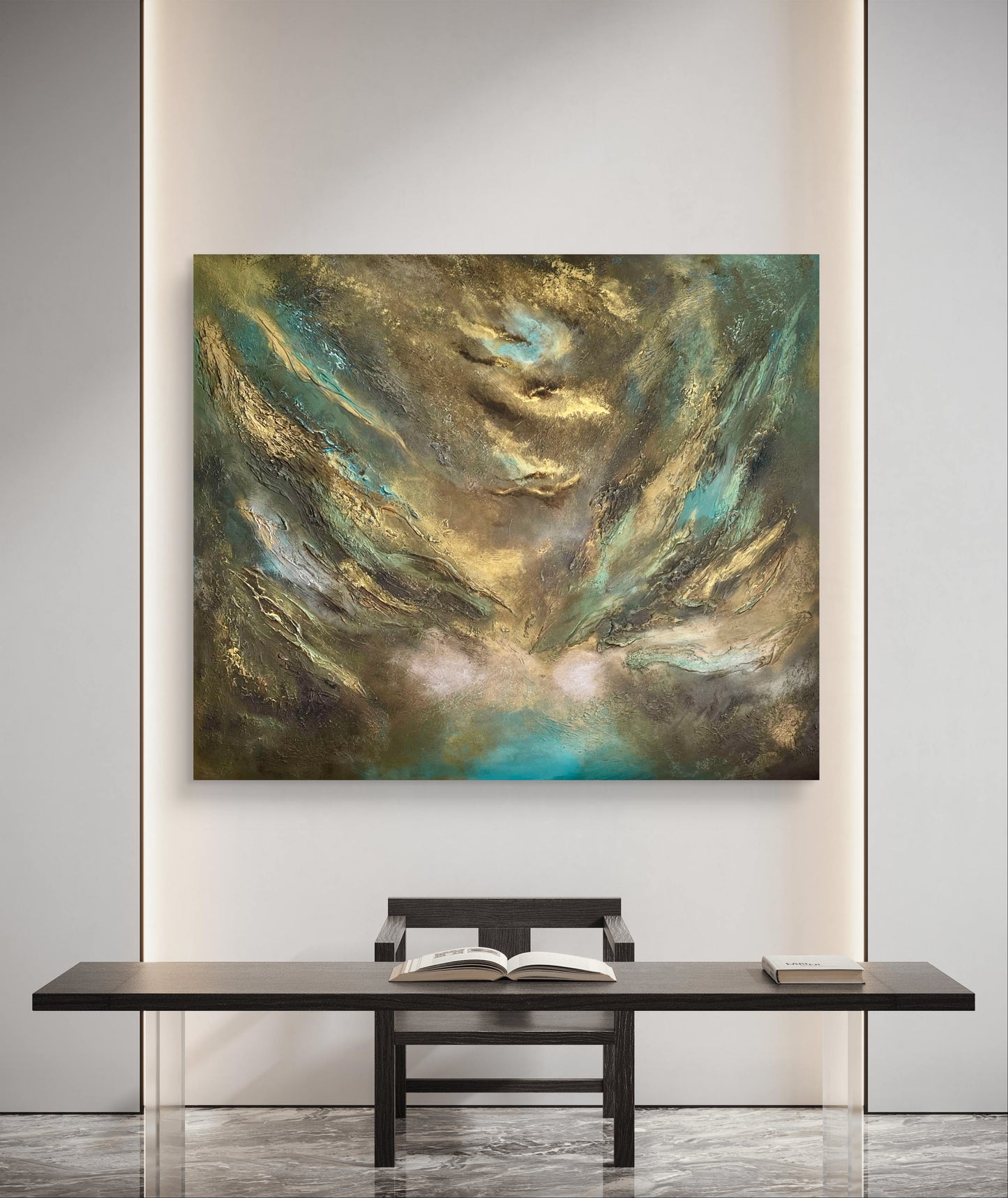Abstraktes Gemälde in Gold, Türkis & Bronze kaufen – Original Acrylgemälde 120 × 100 cm