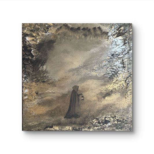 Fantasy Originalgemälde – Geheimnisvolle Figur mit Laterne – Acryl auf Leinwand 30 × 30 cm – Handsigniert
