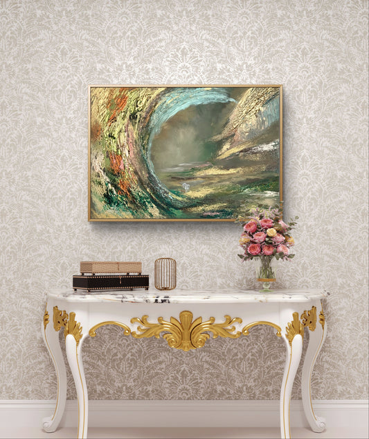 Fantasy Originalgemälde – Weißes Pferd in Herbst-Traumlandschaft – Acryl auf Leinwand 50 × 70 cm – Handsigniert