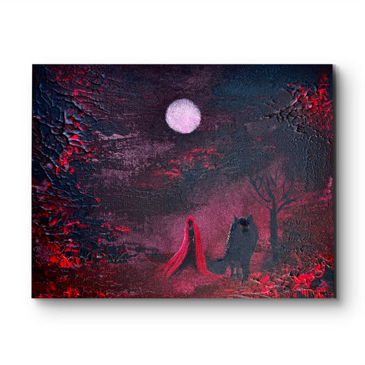 Fantasy Originalgemälde – Rotkäppchen & Wolf – Acryl auf Leinwand 20 × 30 cm – Handsigniert