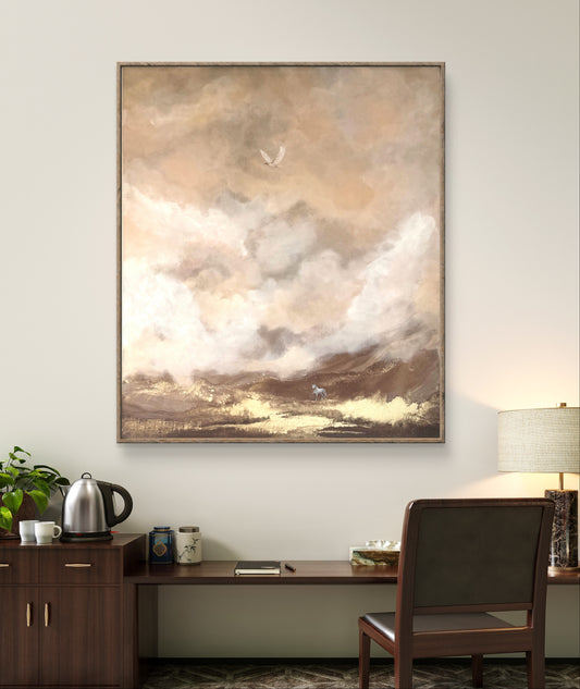 Original handgemaltes Gemälde 120 × 100 cm mit Pferd, Vogel & goldener Traumlandschaft
