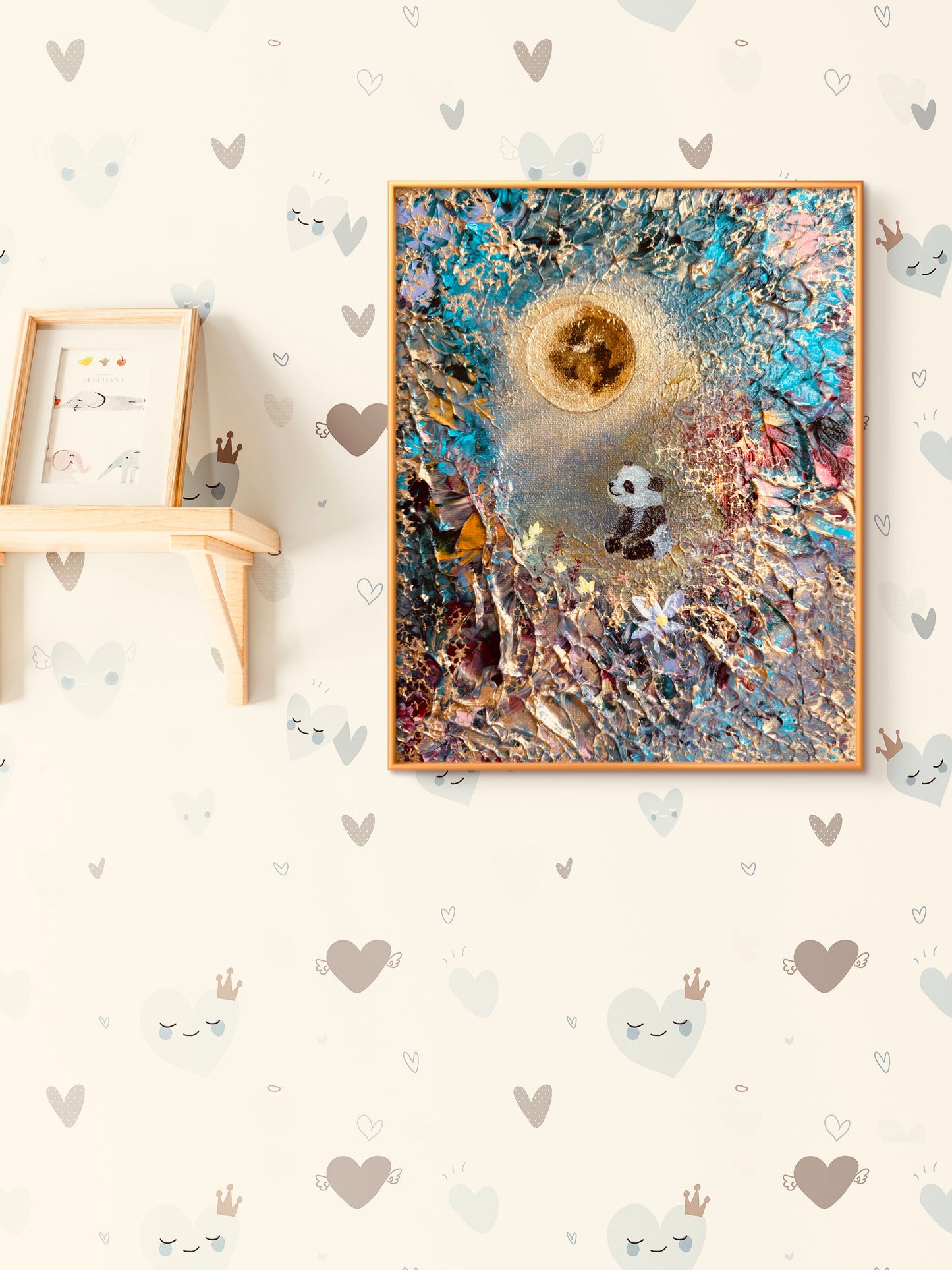 Under the Golden Moon – Handgemaltes Panda Gemälde 24 × 30 cm | Original Acrylmalerei | Kinderzimmer Wandbild | Hope & Light Collection