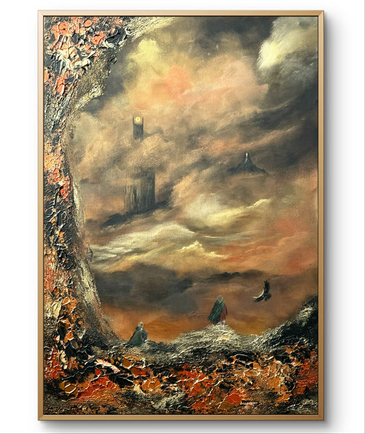 Fantasy Originalgemälde – Epische Landschaft in Gold & Schwarz – Acryl auf Leinwand 70 × 100 cm – Handsigniert