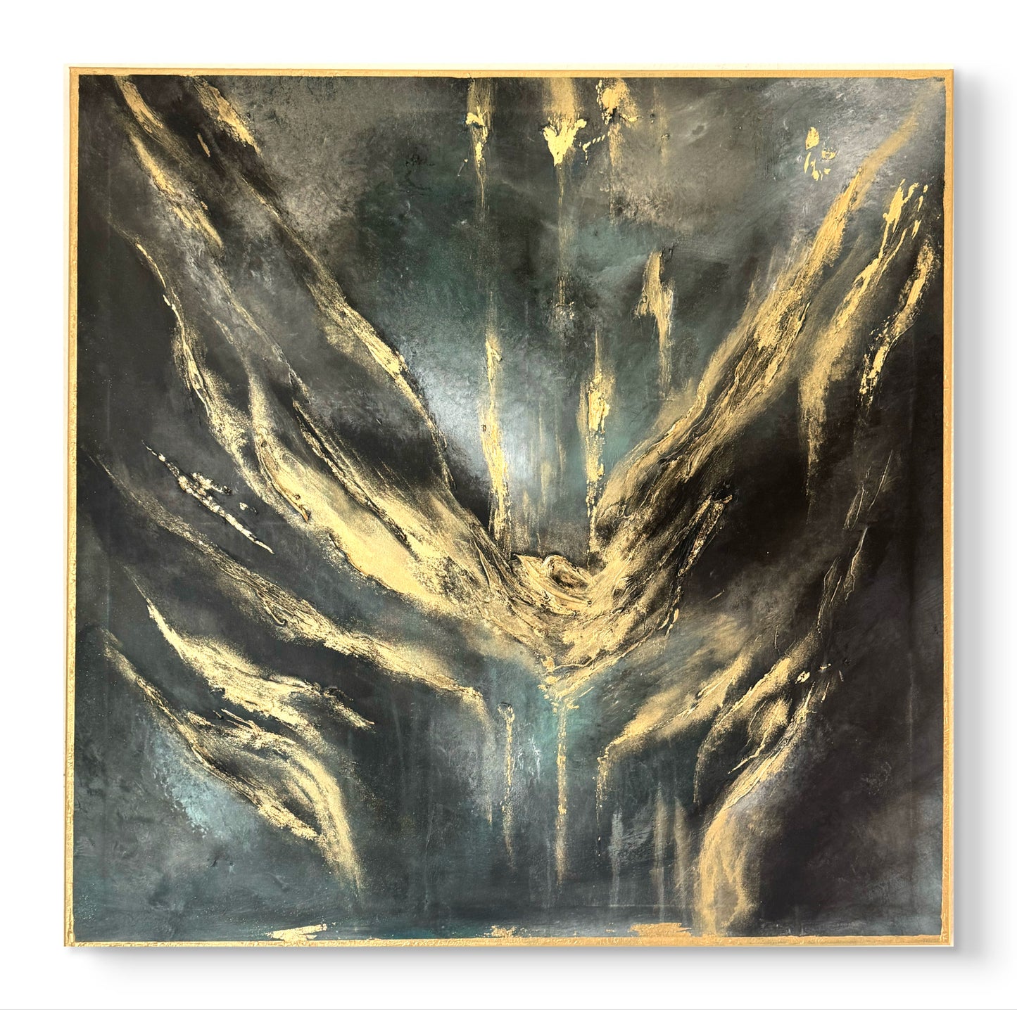 Original handgemaltes abstraktes Gemälde 100 × 100 cm in Blau, Grün, Schwarz & Metallic-Gold mit Struktur