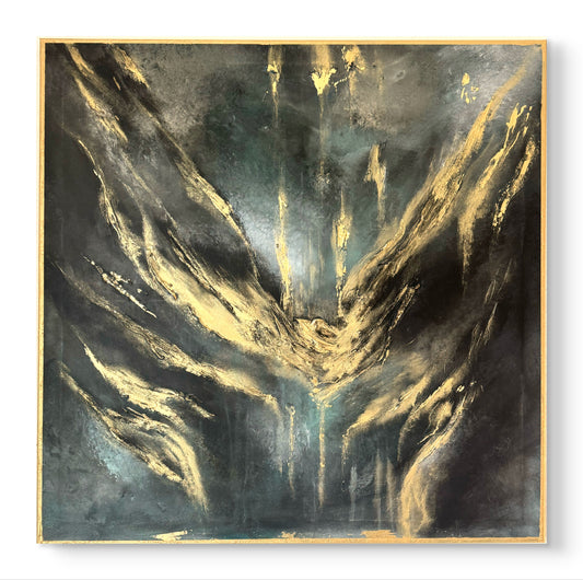 Original handgemaltes abstraktes Gemälde 100 × 100 cm in Blau, Grün, Schwarz & Metallic-Gold mit Struktur