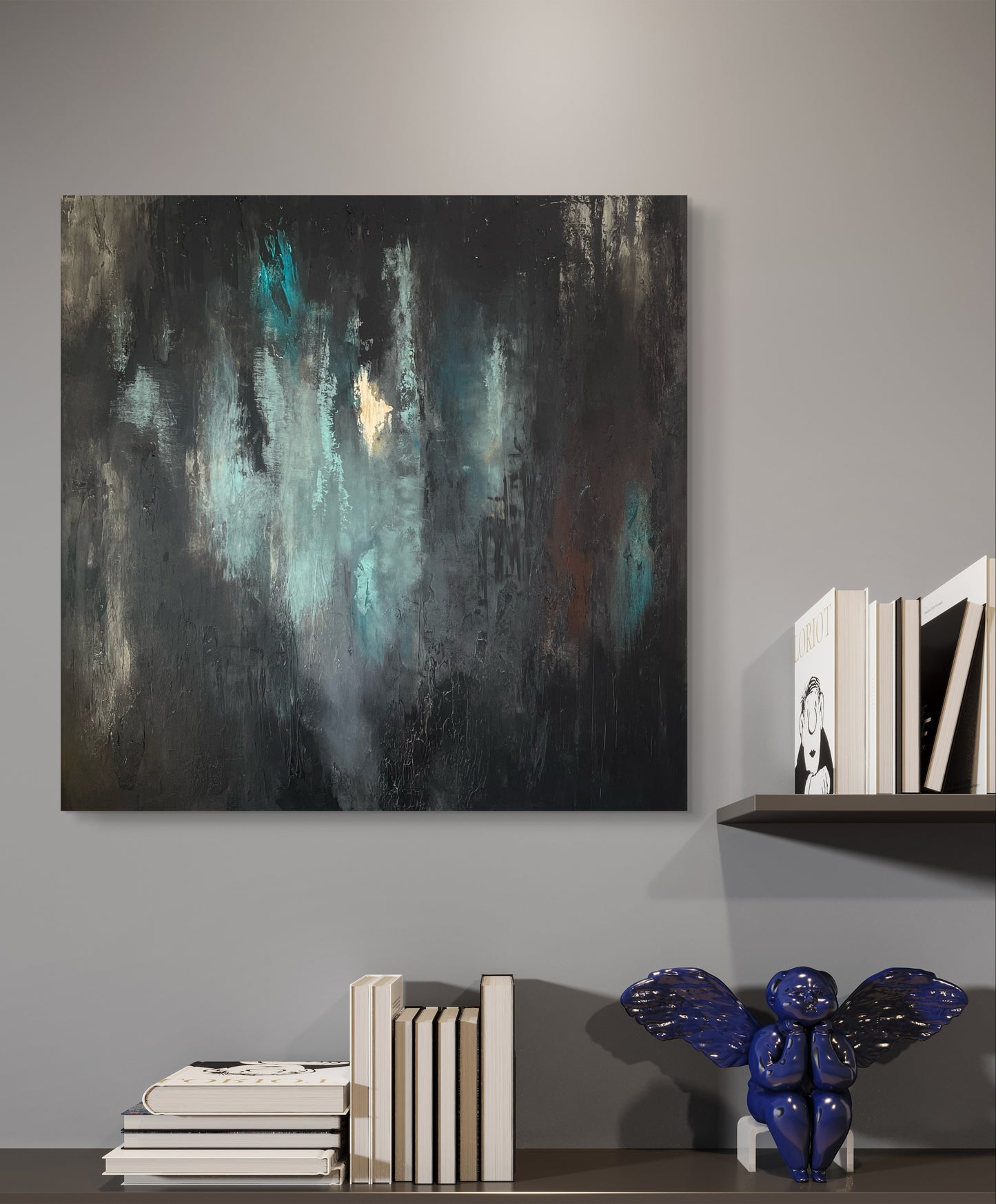 Abstraktes Originalgemälde in Schwarz, Türkis & Gold – Acryl auf Leinwand 100 × 100 cm – Handsigniert