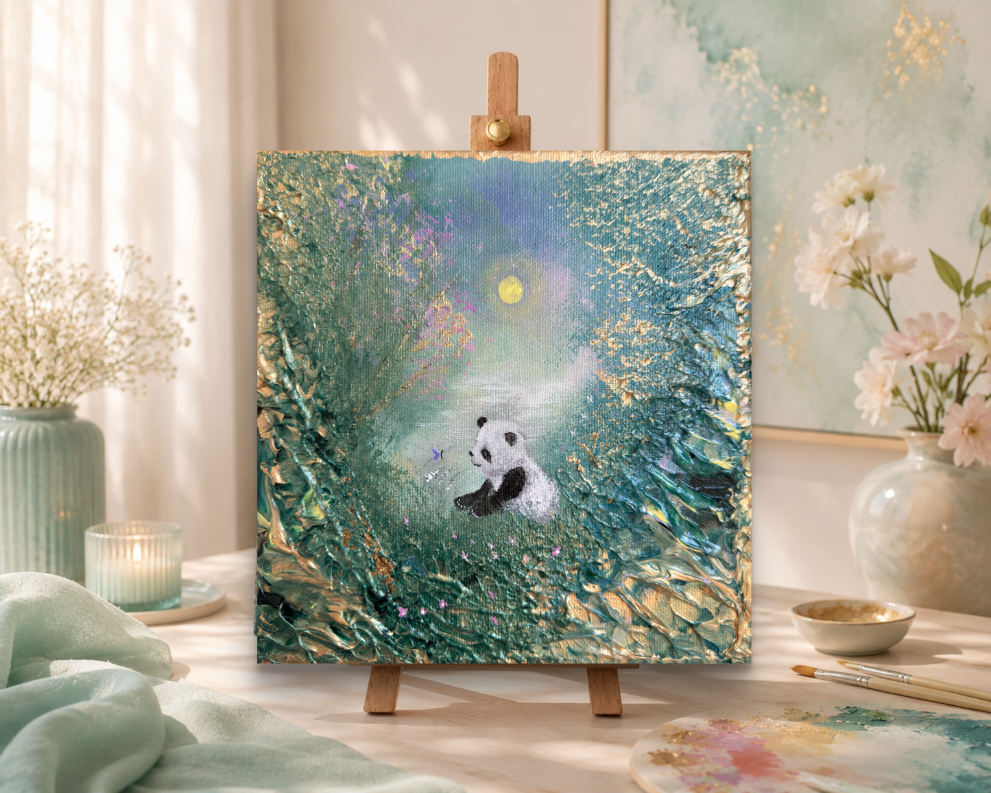 The First Light – Handgemaltes Panda Gemälde 20 × 20 cm | Original Acrylmalerei | Kinderzimmer Wandbild | Hope & Light Collection