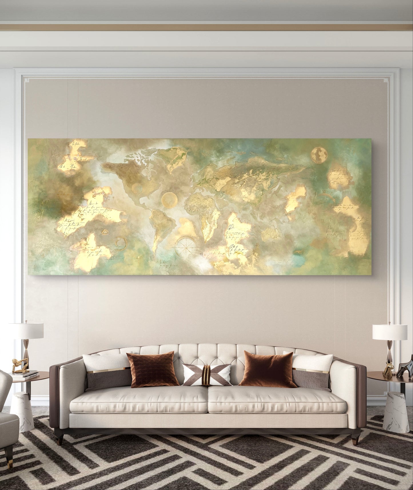 Original handgemalte XXL-Weltkarte 80 × 200 cm mit Struktur, Blattgold & spirituellen Symbolen