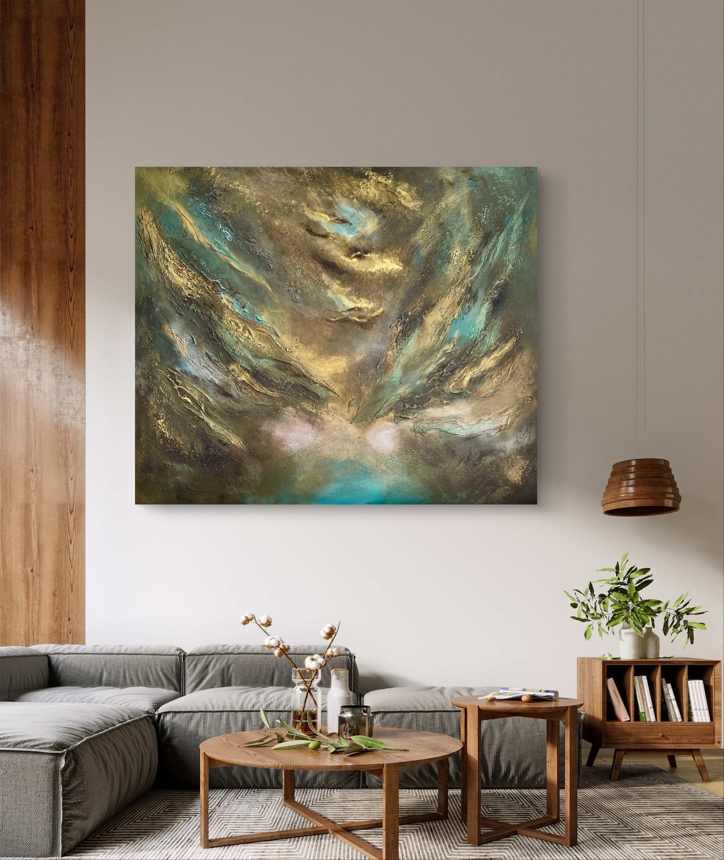 Abstraktes Gemälde in Gold, Türkis & Bronze kaufen – Original Acrylgemälde 120 × 100 cm