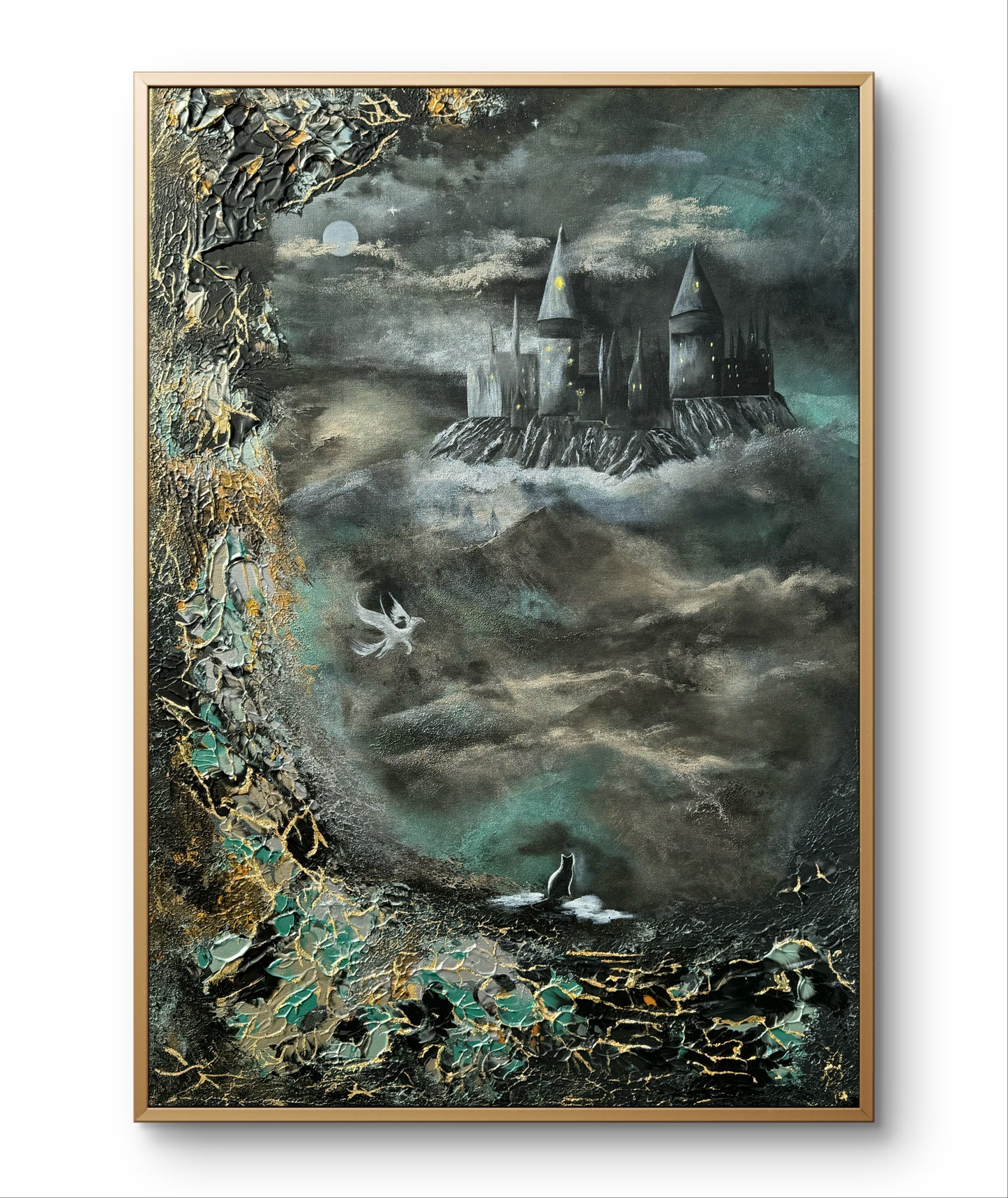 Fantasy Originalgemälde – Magisches Schloss, Mondlicht & Geflügeltes Pferd – Acryl auf Leinwand 70 × 100 cm – Handsigniert