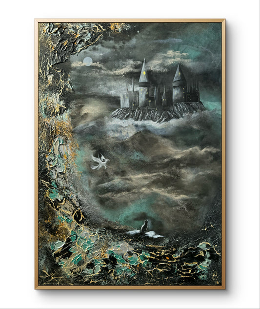 Fantasy Originalgemälde – Magisches Schloss, Mondlicht & Geflügeltes Pferd – Acryl auf Leinwand 70 × 100 cm – Handsigniert
