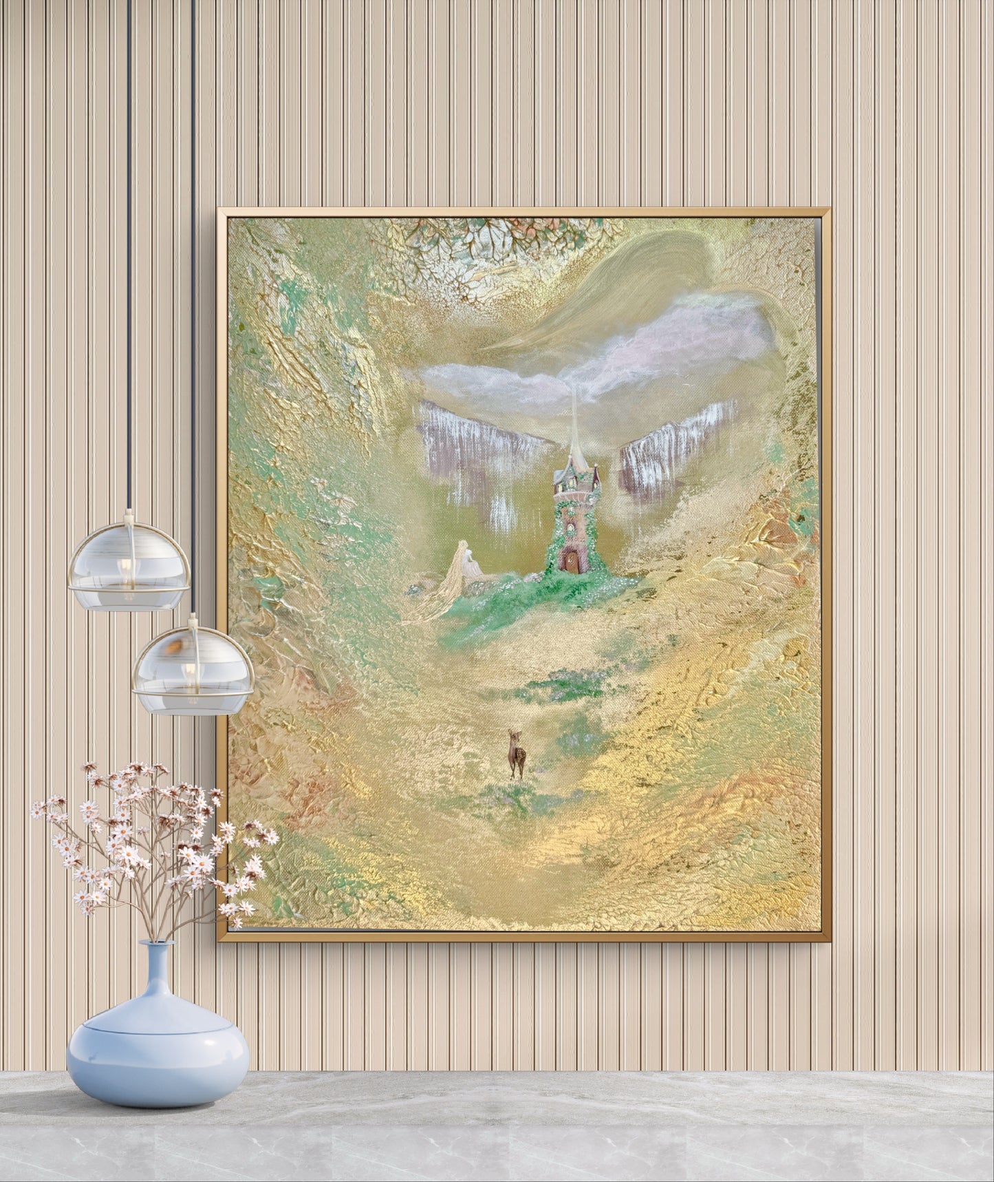 Fantasy Originalgemälde – Rapunzel’s Golden Realm mit Goldakzenten – Acryl auf Leinwand 50 × 40 cm – Handsigniert