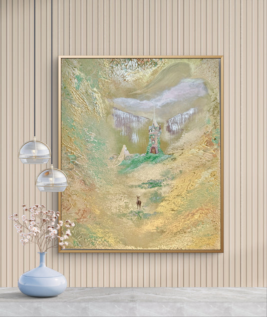 Fantasy Originalgemälde – Rapunzel’s Golden Realm mit Goldakzenten – Acryl auf Leinwand 50 × 40 cm – Handsigniert