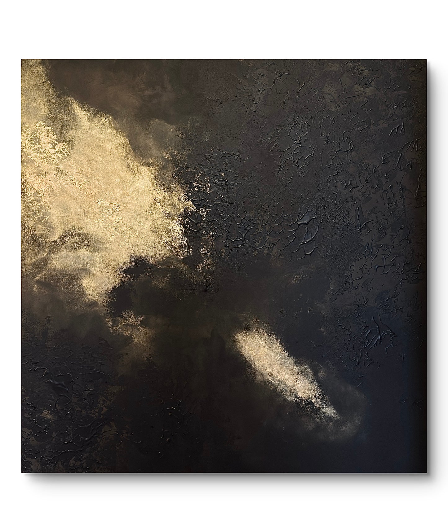 Original handgemaltes abstraktes Gemälde 90 × 90 cm in Gold und Schwarz mit Struktur