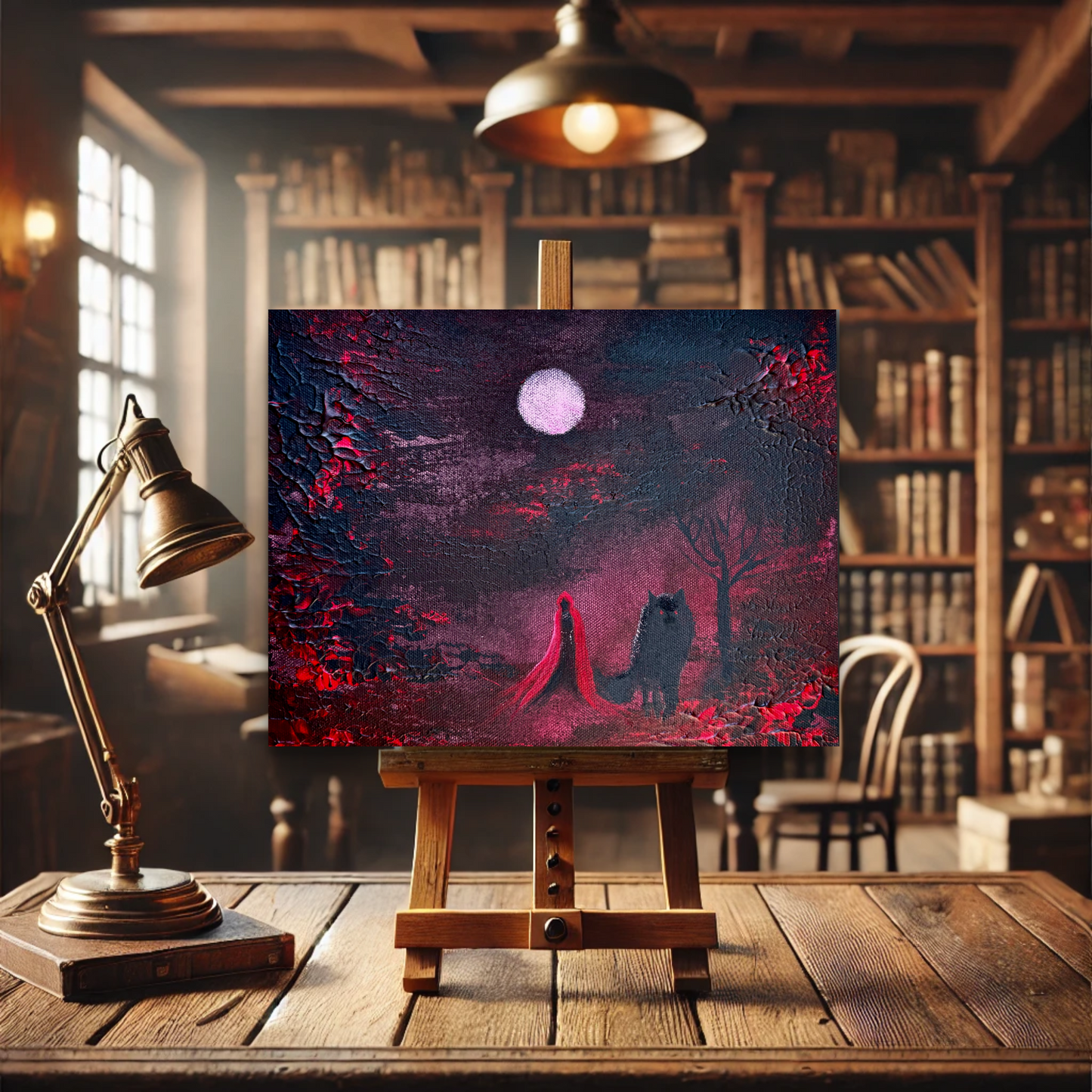 Fantasy Originalgemälde – Rotkäppchen & Wolf – Acryl auf Leinwand 20 × 30 cm – Handsigniert