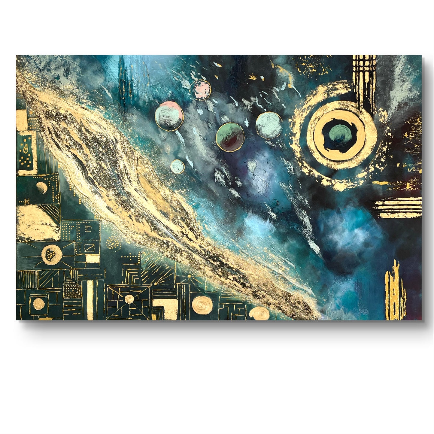 Abstraktes Originalgemälde – Cosmos in Blau & Gold – Acryl auf Leinwand 150 × 100 cm – Handsigniert