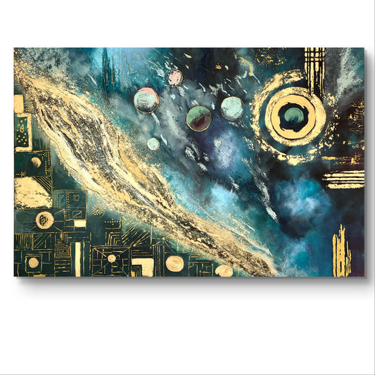 Abstraktes Originalgemälde – Cosmos in Blau & Gold – Acryl auf Leinwand 150 × 100 cm – Handsigniert