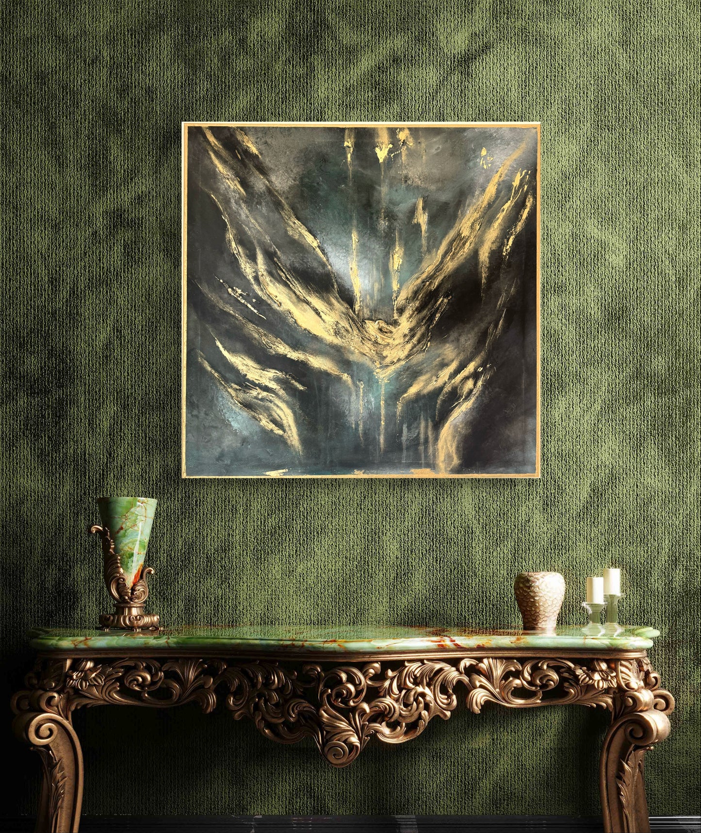 Original handgemaltes abstraktes Gemälde 100 × 100 cm in Blau, Grün, Schwarz & Metallic-Gold mit Struktur