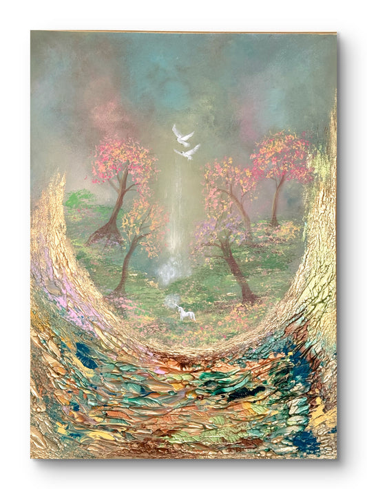 Einhorn-Gemälde „Magische Traumlandschaft“ – semi-abstraktes Original in Gold 50 × 70 cm