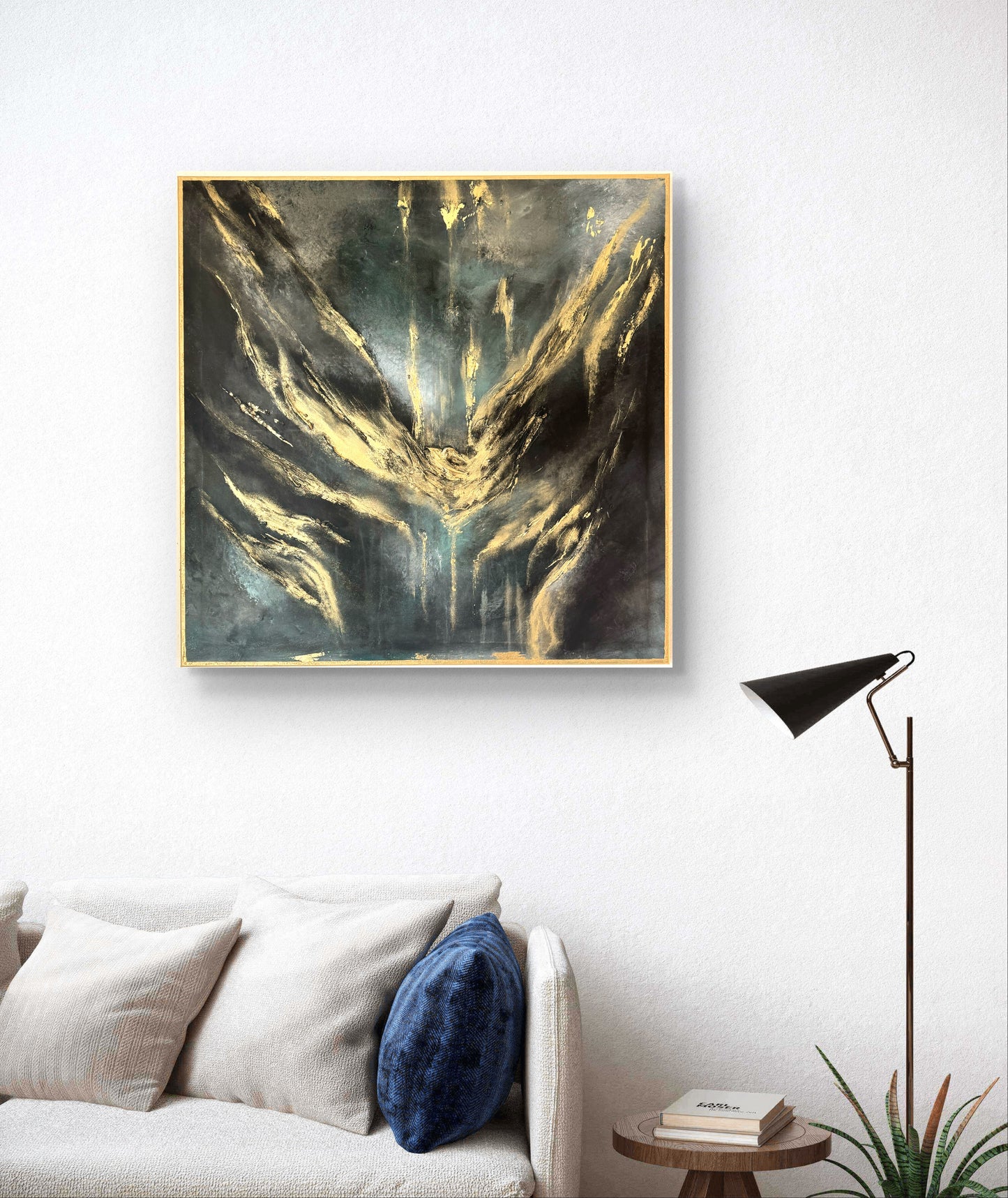 Original handgemaltes abstraktes Gemälde 100 × 100 cm in Blau, Grün, Schwarz & Metallic-Gold mit Struktur