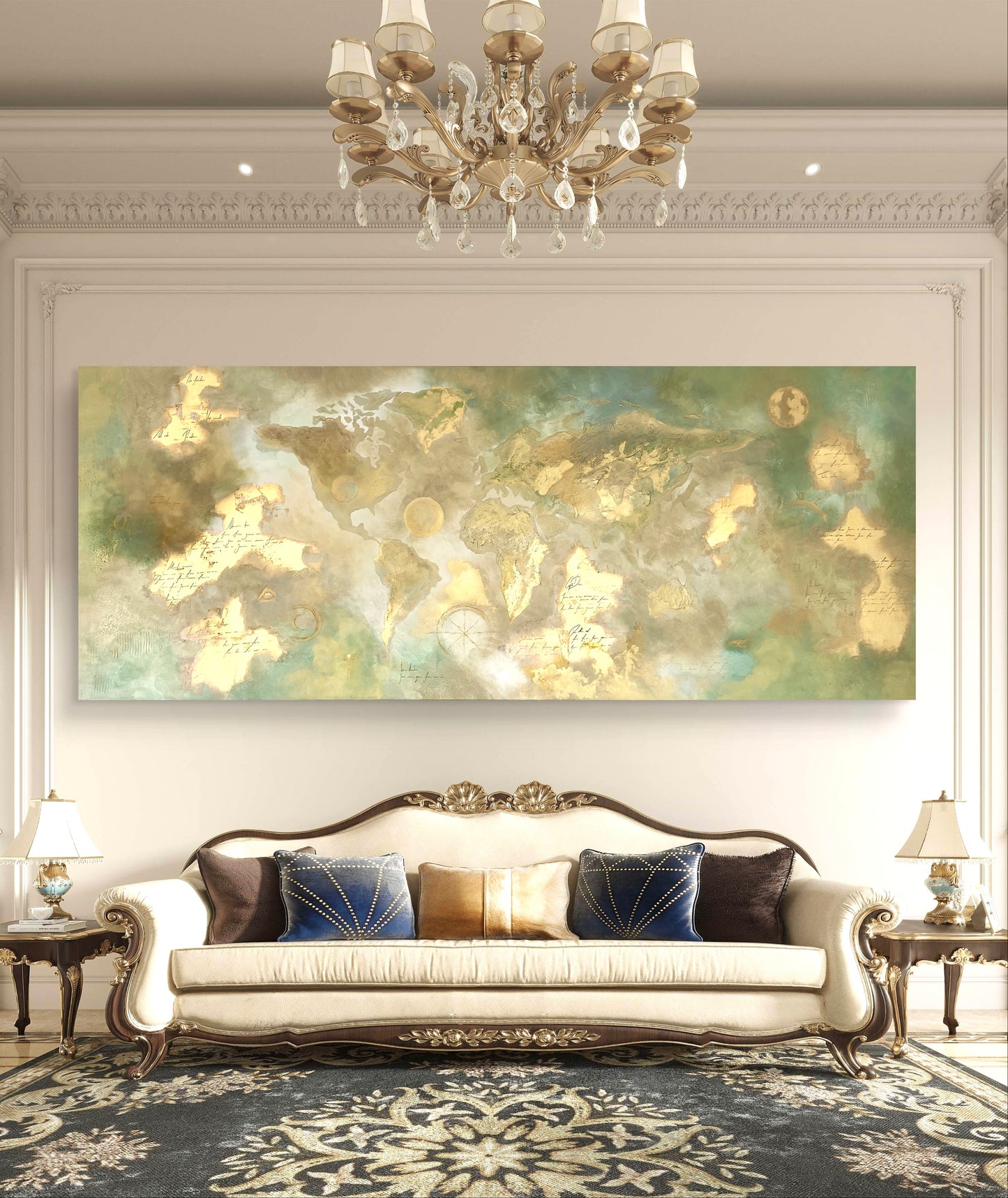 Original handgemalte XXL-Weltkarte 80 × 200 cm mit Struktur, Blattgold & spirituellen Symbolen