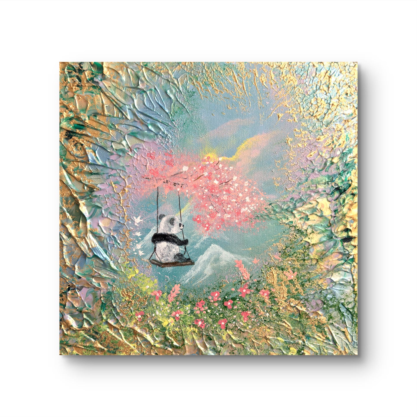 A Swing Above the Mountains – Handgemaltes Panda Gemälde 30 × 30 cm | Original Acrylmalerei | Kinderzimmer Wandbild | Hope & Light Collection
