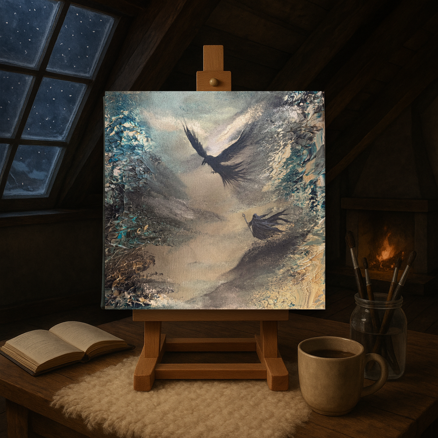 Fantasy Originalgemälde – Zauberer & Adler – Acryl auf Leinwand 30 × 30 cm – Handsigniert