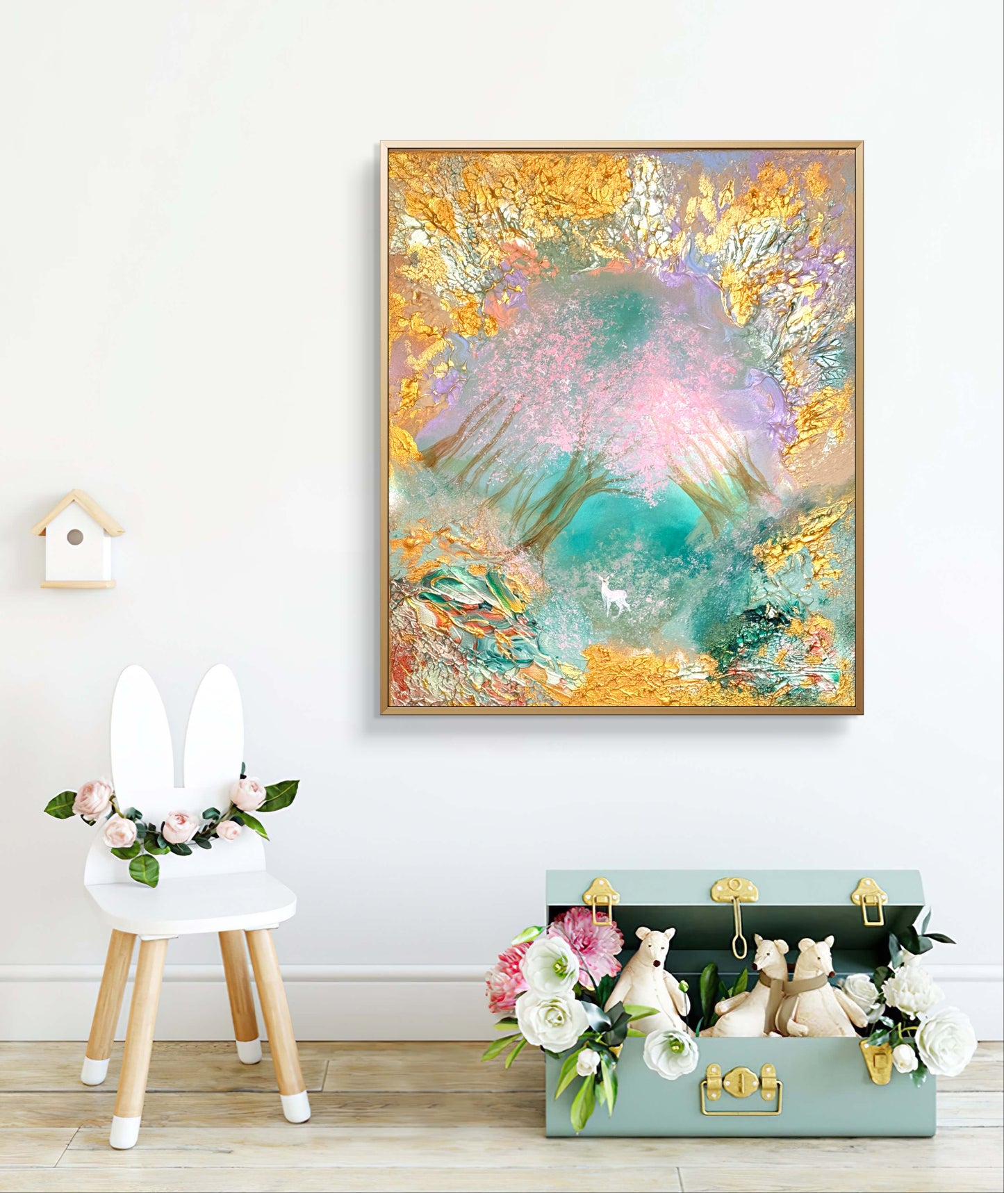 Original handgemaltes Fantasy-Gemälde 50 × 60 cm mit Hirschkalb im magischen Wald