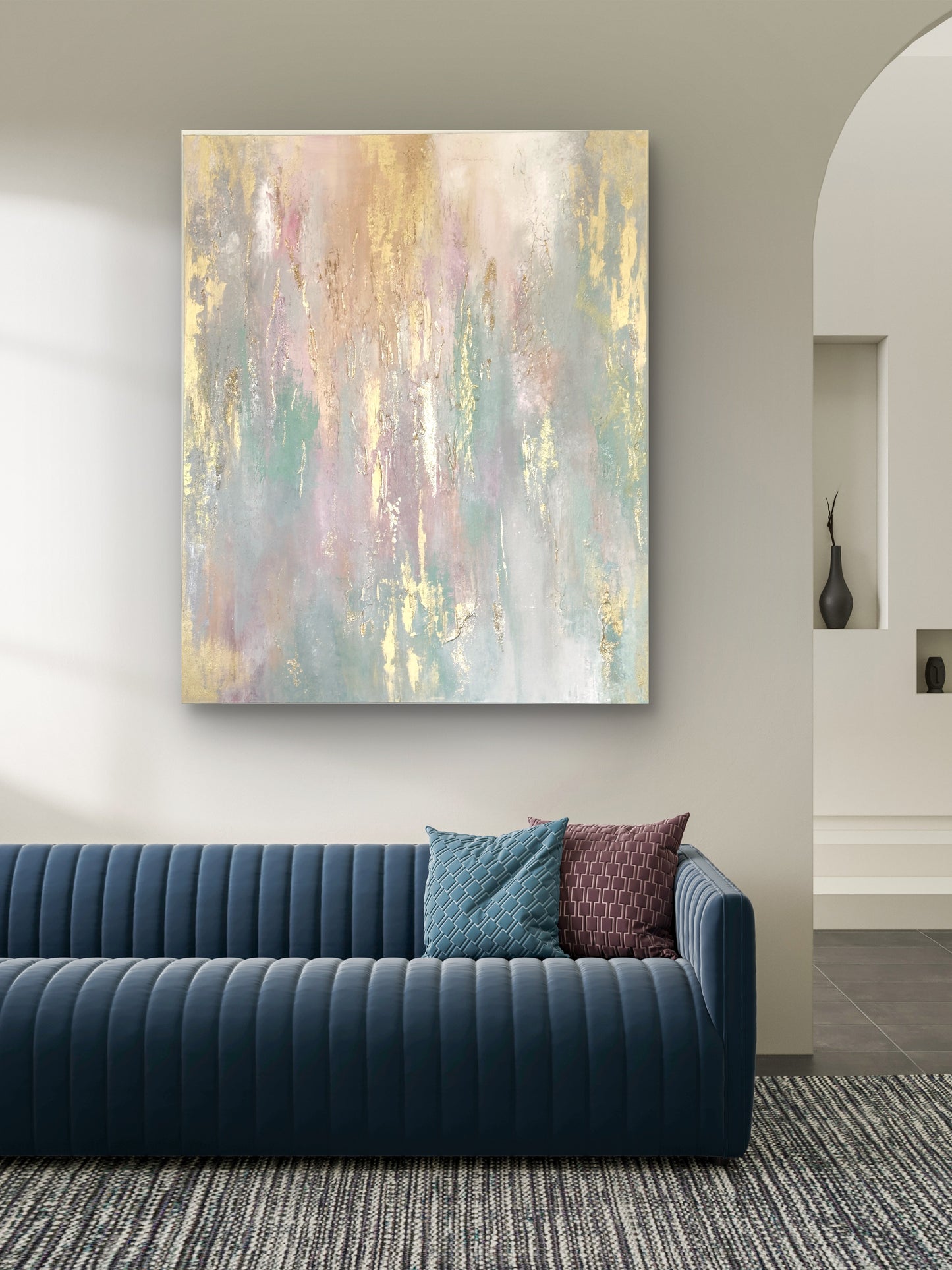 Abstraktes Originalgemälde in Gold, Beige & Pastelltönen – Acryl auf Leinwand 120 × 100 cm – Handsigniert