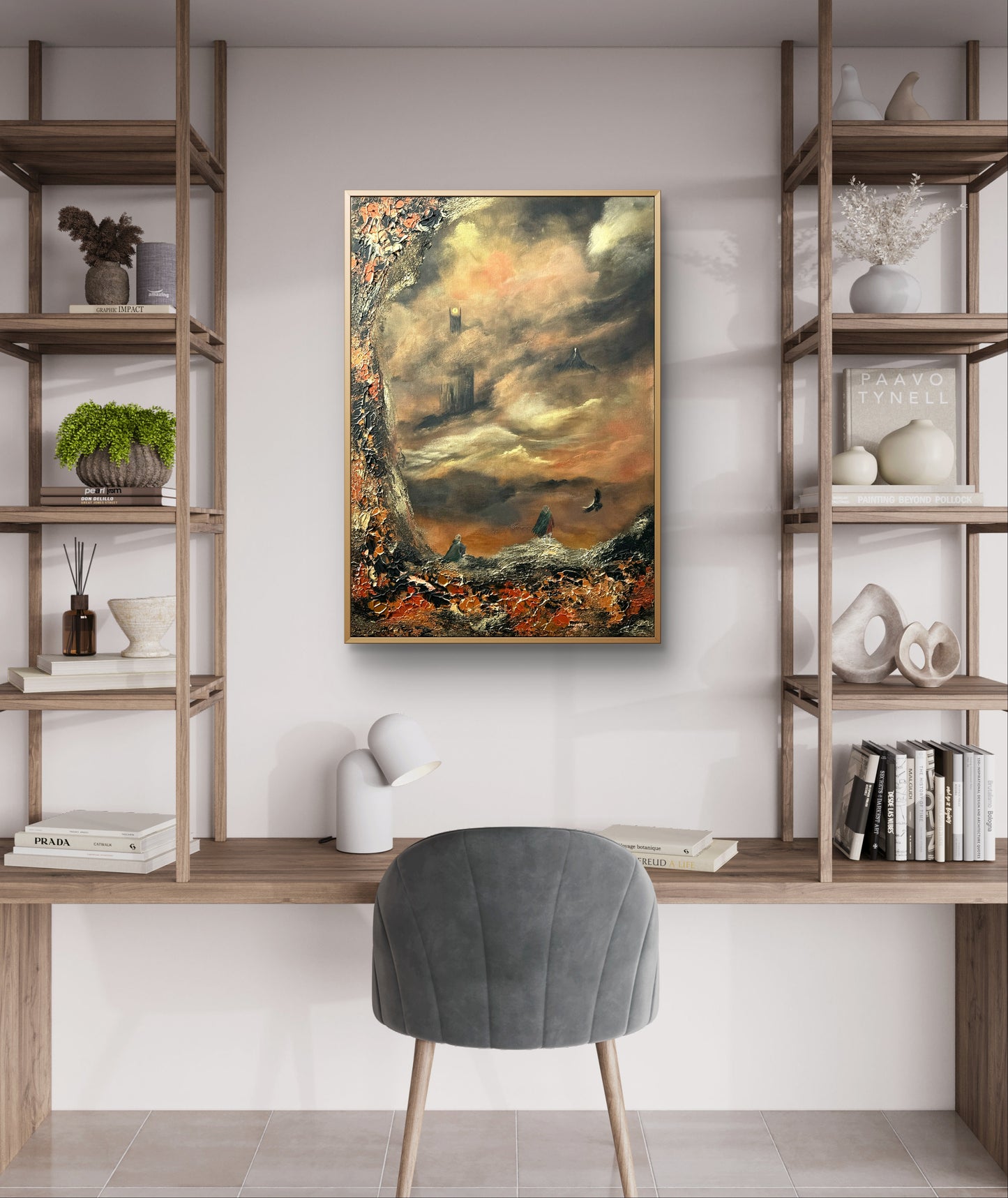 Fantasy Originalgemälde – Epische Landschaft in Gold & Schwarz – Acryl auf Leinwand 70 × 100 cm – Handsigniert