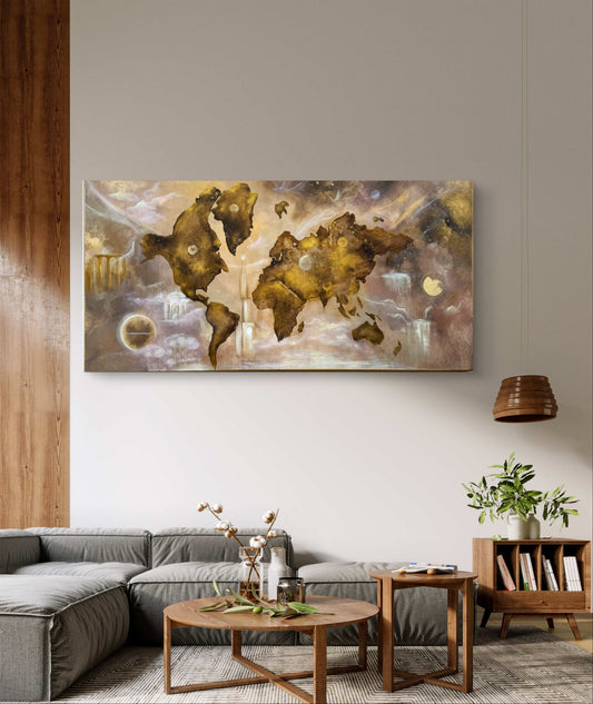 Original handgemaltes Weltkarten-Gemälde 140 × 70 cm in Gold mit kosmischen Elementen und Struktur