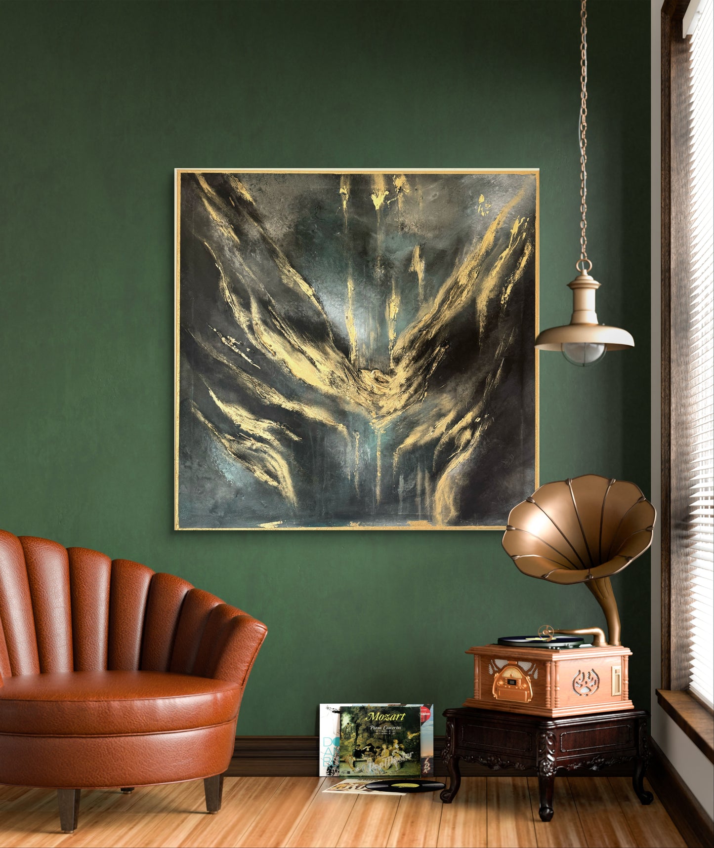 Original handgemaltes abstraktes Gemälde 100 × 100 cm in Blau, Grün, Schwarz & Metallic-Gold mit Struktur