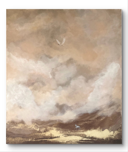 Original handgemaltes Gemälde 120 × 100 cm mit Pferd, Vogel & goldener Traumlandschaft