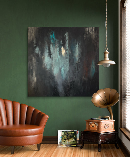 Abstraktes Originalgemälde in Schwarz, Türkis & Gold – Acryl auf Leinwand 100 × 100 cm – Handsigniert