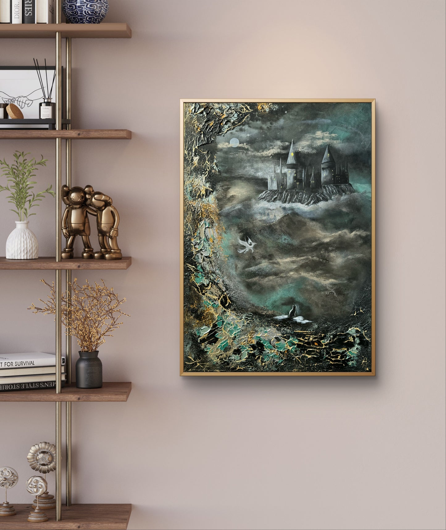 Fantasy Originalgemälde – Magisches Schloss, Mondlicht & Geflügeltes Pferd – Acryl auf Leinwand 70 × 100 cm – Handsigniert