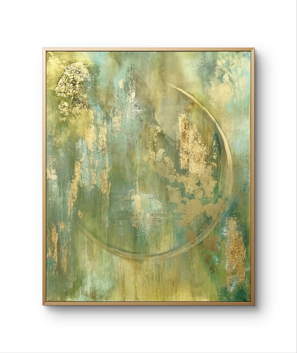 Großes abstraktes Gemälde 120cm x 100cm in Grün und Gold - perfekt für Wohnzimmer oder Büro