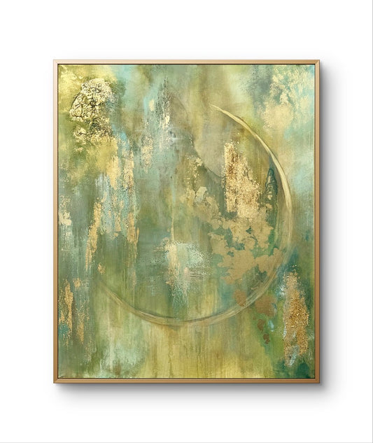 Großes abstraktes Gemälde 120cm x 100cm in Grün und Gold - perfekt für Wohnzimmer oder Büro