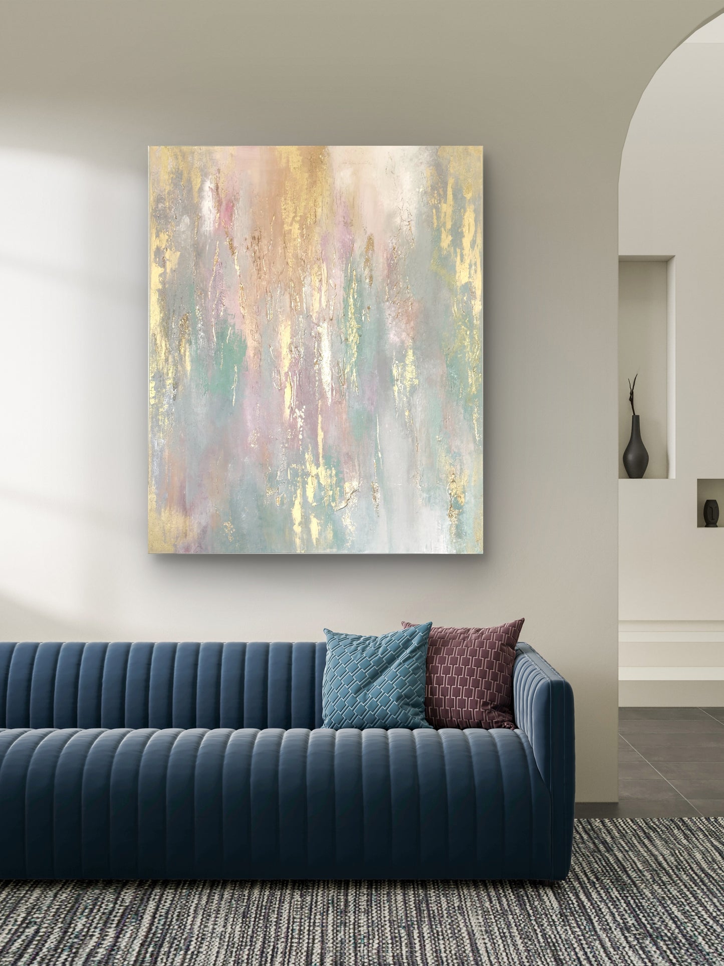 Abstraktes Originalgemälde in Gold, Beige & Pastelltönen – Acryl auf Leinwand 120 × 100 cm – Handsigniert