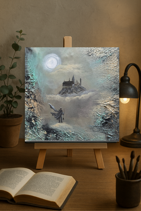 Magisches kleines Gemälde 30x30cm - Fantasy Kunst Schloss Zauberschule Geschenkidee - Unikat - Staffelei als Geschenk - Strukturmalerei