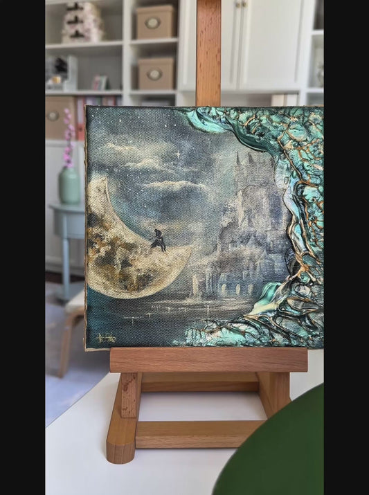 Fantasy-Gemälde mit Mond, Schloss & Lucy kaufen – Original Acrylgemälde 20 × 20 cm