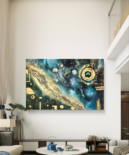 Abstraktes Originalgemälde – Cosmos in Blau & Gold – Acryl auf Leinwand 150 × 100 cm – Handsigniert