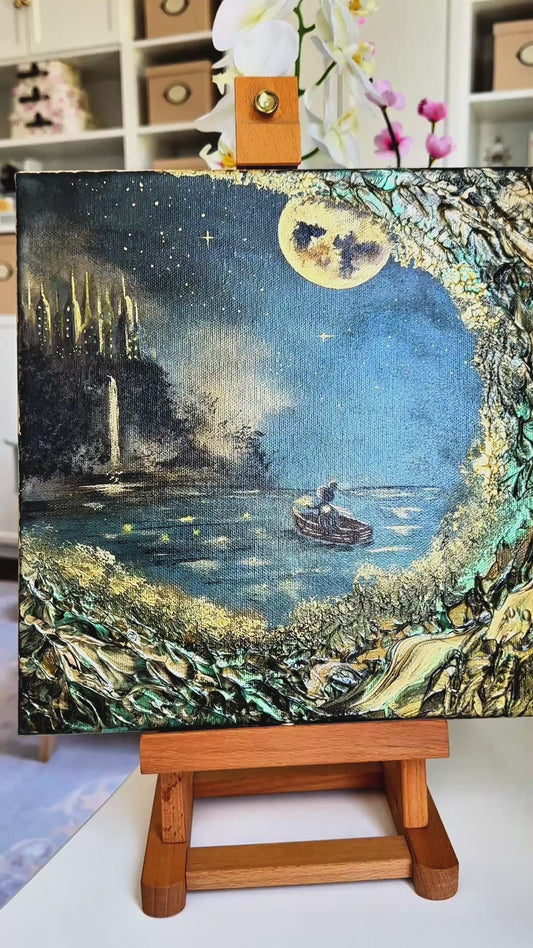 Fantasy-Gemälde mit Schloss, Mond & Lucy im Boot – Original Acrylgemälde 30 × 30 cm