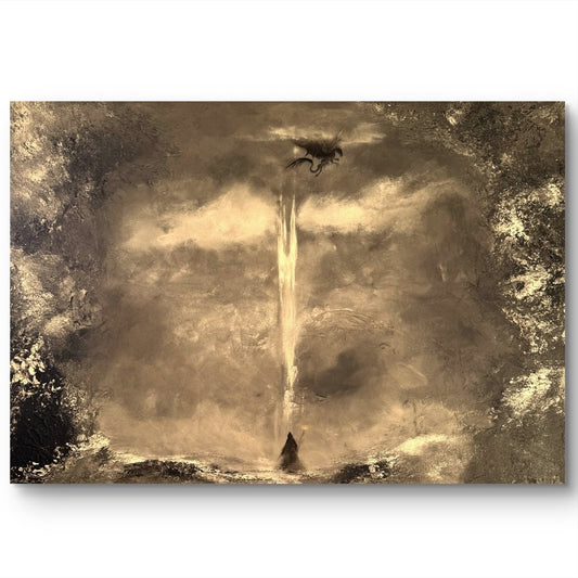 Fantasy Originalgemälde – Zauberer, Drache & Turm – Acryl auf Leinwand 70 × 100 cm – Handsigniert