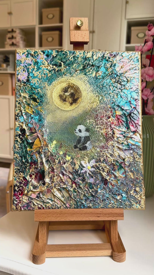Under the Golden Moon – Handgemaltes Panda Gemälde 24 × 30 cm | Original Acrylmalerei | Kinderzimmer Wandbild | Hope & Light Collection