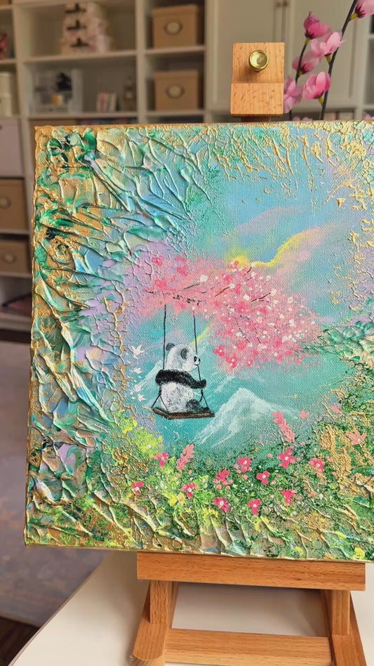 A Swing Above the Mountains – Handgemaltes Panda Gemälde 30 × 30 cm | Original Acrylmalerei | Kinderzimmer Wandbild | Hope & Light Collection