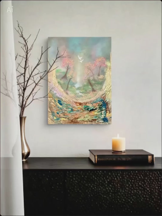 Einhorn-Gemälde „Magische Traumlandschaft“ – semi-abstraktes Original in Gold 50 × 70 cm