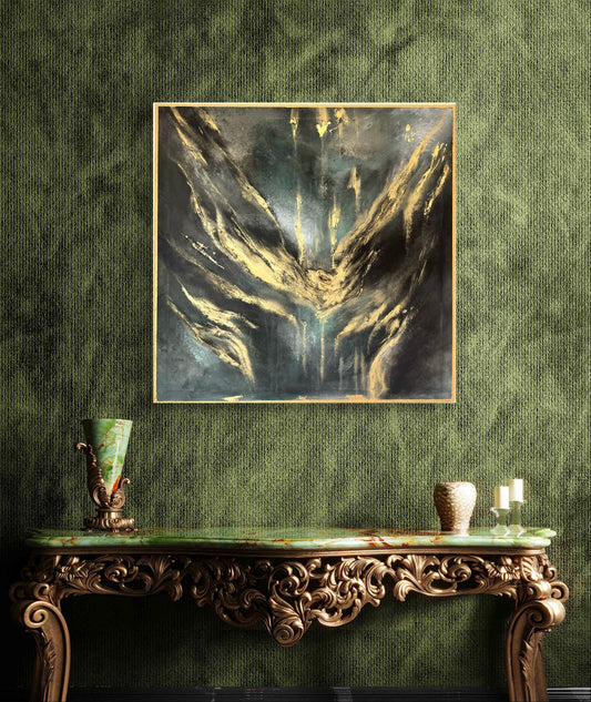 Original handgemaltes abstraktes Gemälde 100 × 100 cm in Blau, Grün, Schwarz & Metallic-Gold mit Struktur